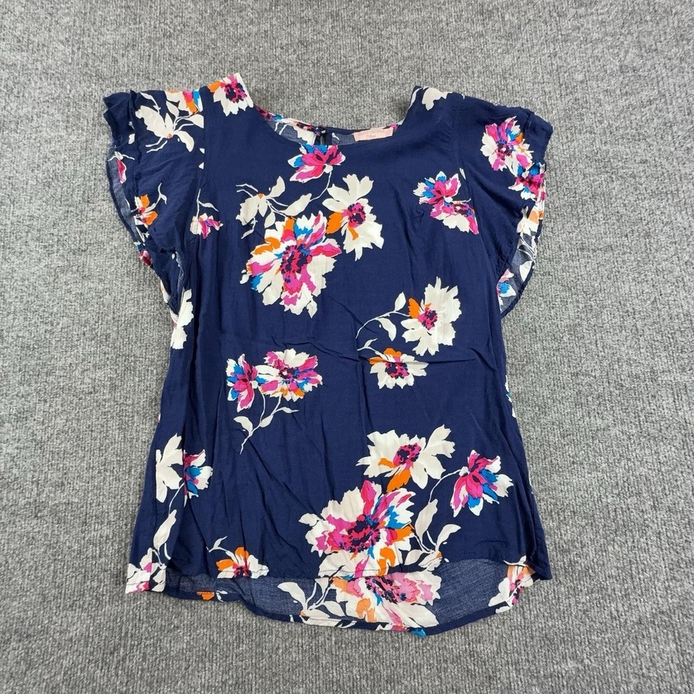 Saint Tropez West Blouse Womens Medium Blue Floral Flutter Sleeve Rayon Top